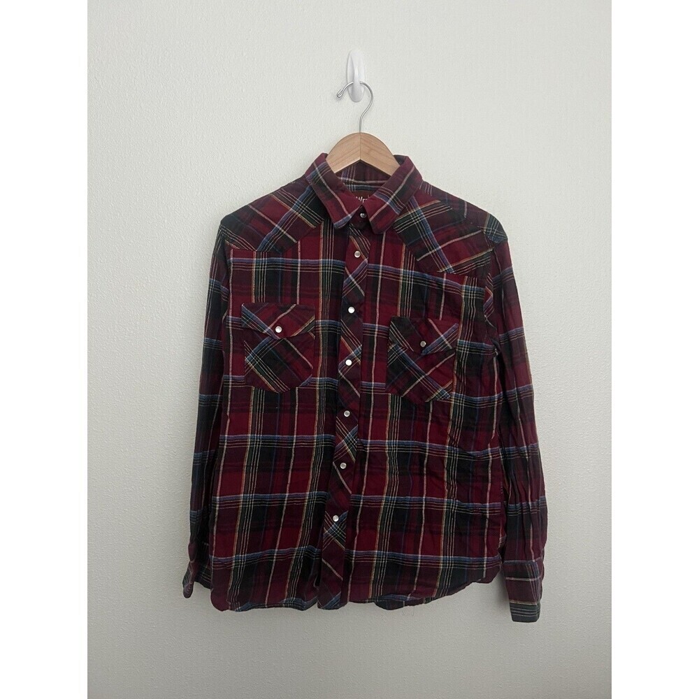 VTG Wrangler Western Rodeo Shirt Large Red Flannel Button Up Pearl Snap Cowboy
